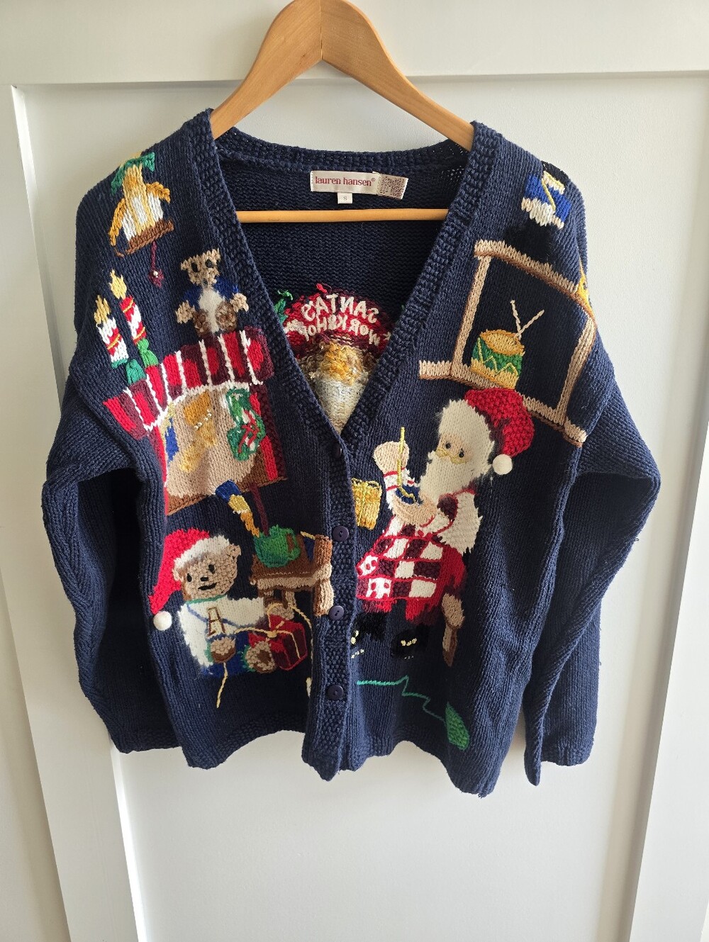 Vintage Lauren Hansen Navy Santa & Holiday Knit Cardigan Cardigan, Size Small